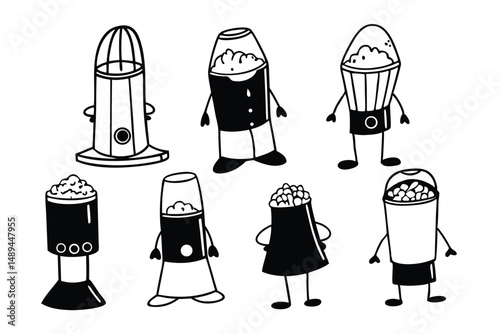 Cute Black and White Cartoon Characters: Vases and Containers with Faces and Arms, Isolated on White Background.