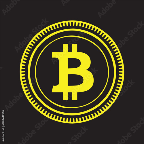 Bitcoin icon Crypto currency virtual electronic internet money coin logo Vector illustration. Striking Yellow Bitcoin Symbol on Black Background. A vibrant yellow Bitcoin symbol,
