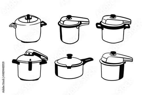 Different Styled Black and White Pressure Cooker Illustration for Vector Graphics and Culinary Designs, Isolated on White.