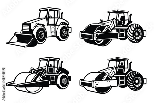 Black and White Construction Vehicle Set: Bulldozer and Road Roller Tractors Outlines for Coloring or Illustrations.
