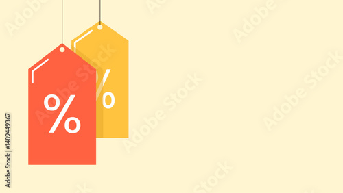 Illustration of red and blue hanging price tags with a percentage symbol on one of the tags, representing a discount or sale offer.