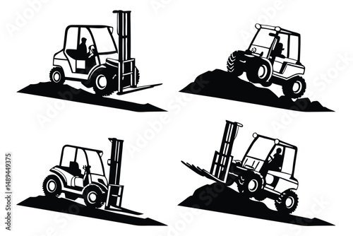 Forklift Silhouette Set: Heavy Equipment, Industrial Vehicle, and Lifting Machine Illustrations for Construction and Logistics Projects.