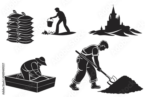 Construction and Labor Vector Illustration: Workers, Materials, and Architecture in Black and White Silhouette.
