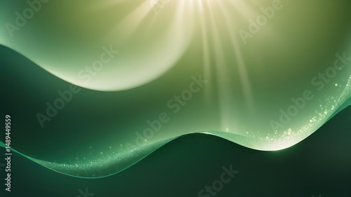 Abstract Green Wave Background with Glimmering Particles and Sun Rays