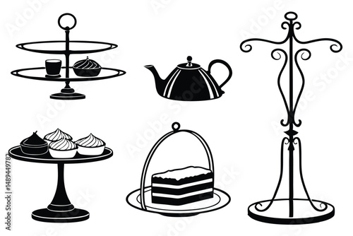 Black and White Line Art Illustration of Tea Time Desserts and Serving Pieces.