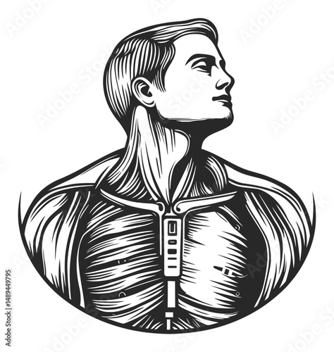 Detailed Human Anatomy Engraving of Male Figure with Visible Structure