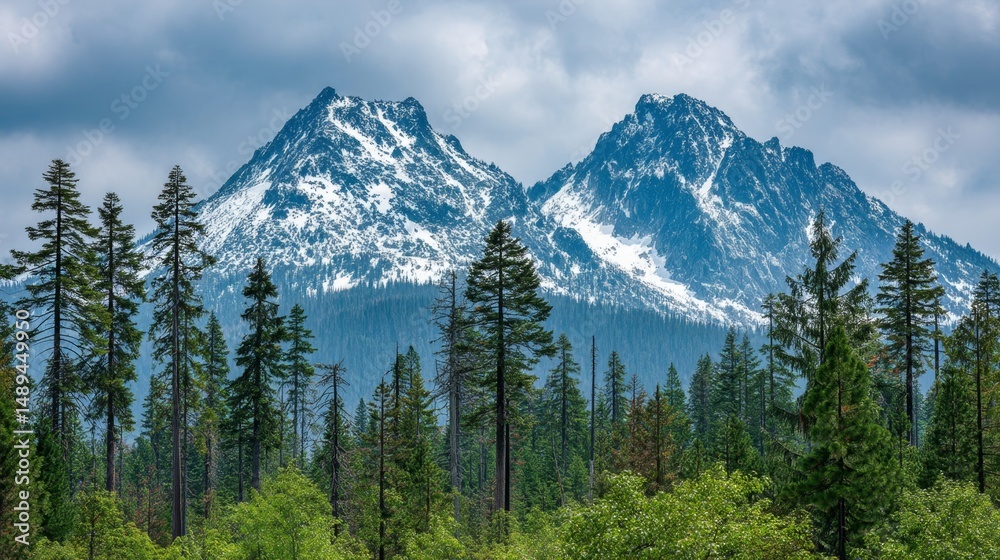 Majestic Mountain Peaks Surrounded by Lush Evergreen Forest Against a Dramatic Cloudy Sky in a Scenic Wilderness Landscape Majestic Mountain Peaks Surrounded by Lush Evergreen Forest Against a Dramatic Cloudy Sky in a Scenic Wilderness Landscape