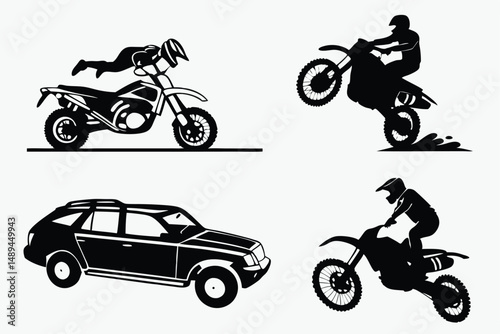 Vehicle Collection Black and White Silhouette: Automotive Illustrations Featuring a Car and Motorcycle Stunt Riders.