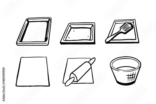 Hand-Drawn Baking Set with Sheet Pans, Rolling Pin, Pastry Brush, and Mixing Bowl Illustration, Black and White Line Art.