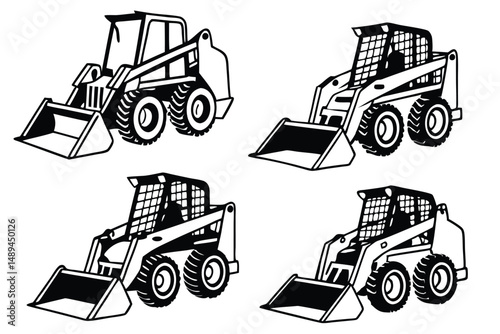 Set of Black and White Skid Steer Loaders: Construction Vehicles, Heavy Equipment, Building Machinery, Vector Illustration