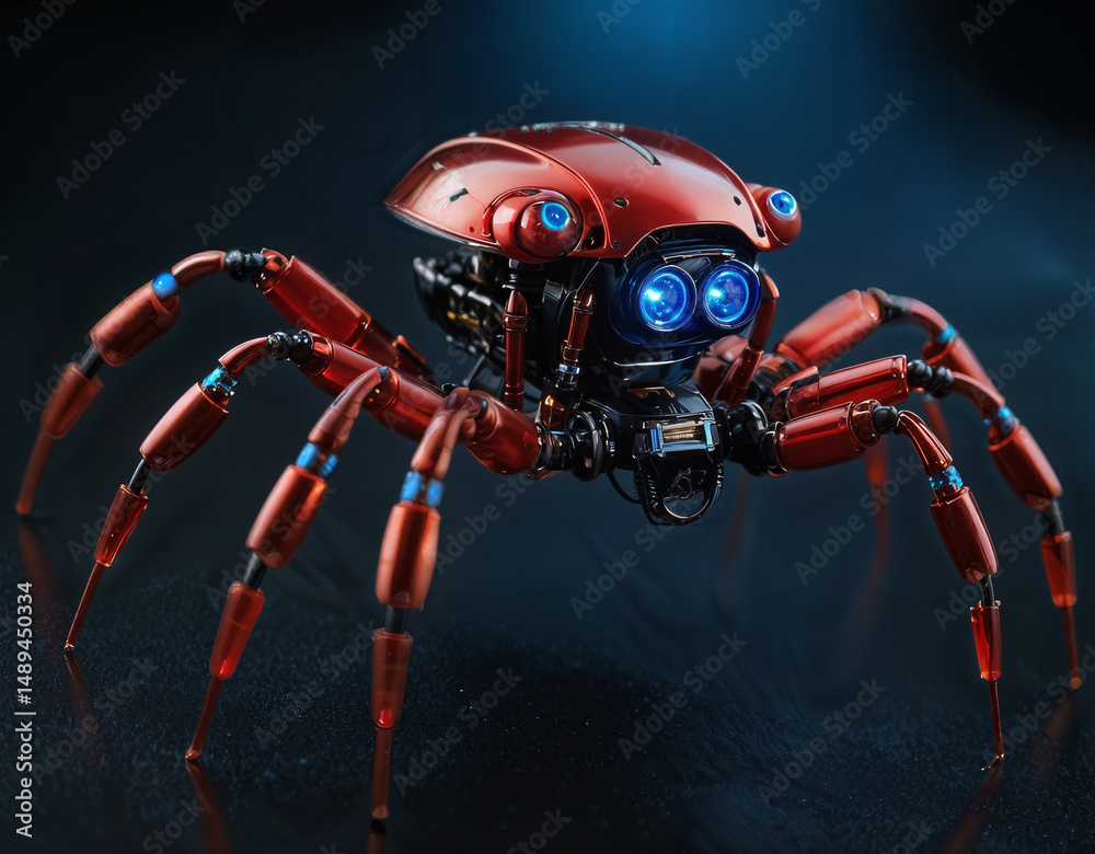 Fototapeta premium A metallic spider-like robot with glowing blue eyes stands on a dark reflective surface menacingly.