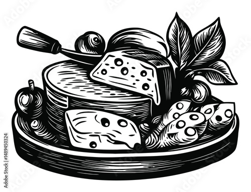 Engraved Cheese Plate with Various Cheeses and Olive Leaves Design