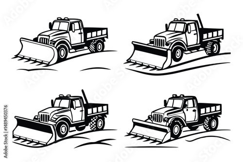 Snowplow Truck Vector Set: Black and White Winter Vehicle Designs for Seasonal Graphics and Projects.