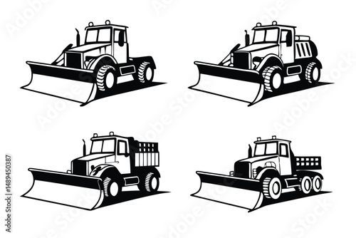 Black and White Vector Illustration of Snowplow Trucks Ready for Winter Maintenance Operations, Heavy Machinery.