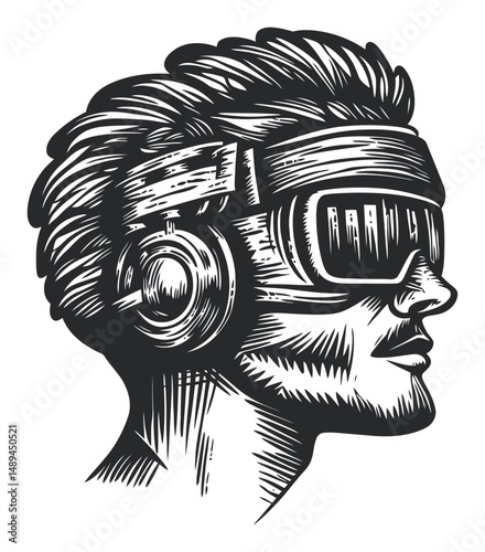 Detailed Engraving of a Man with Headphones and Virtual Reality Goggles