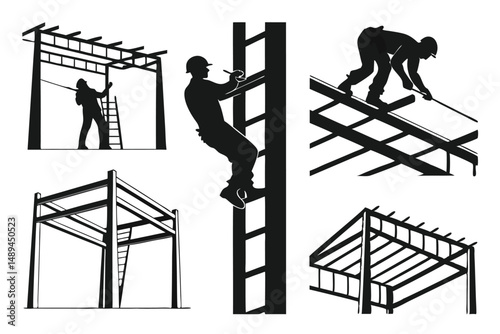 Silhouette illustration showing construction workers building rooftop and building steel frames; black and white vector image.