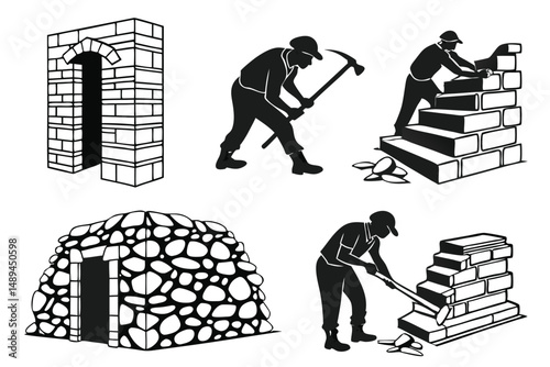 Stonemasons Building Stone and Brick Structures: Stone Wall, Archway, Brick Wall, Hut, Isolated Vector Illustrations.
