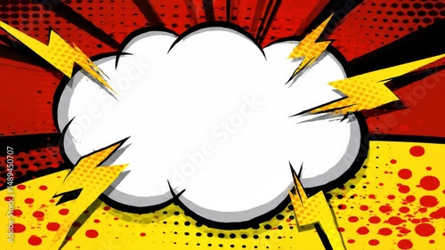 Dynamic comic book style animation with cloud shaped speech bubble and lightning bolts