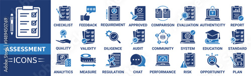 Assessment icon set. Containing checklist, feedback, requirement, approved, comparison, evaluation, authenticity, report and more. Solid vector icons collection