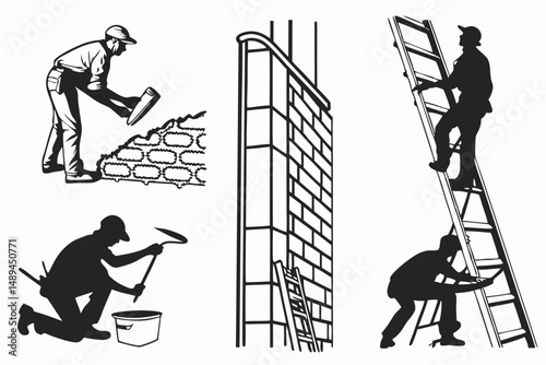 Construction Workers Vector Illustration: Masonry, Scaffolding, and Ladder Work in Black and White Style.