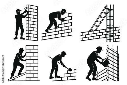 Set of Black and White Silhouette Illustrations: Construction Worker Building a Brick Wall with Hand Tools.