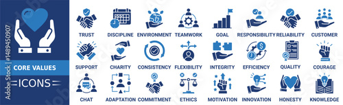 Core Values icon set. Containing kindness, environment, discipline, trust, teamwork, support, charity and more. Solid vector icons collection
