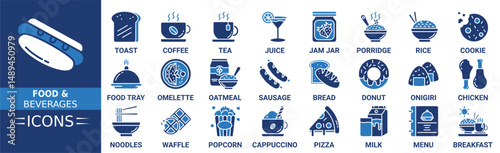 Food and Beverages icon set. Containing Toast, Coffee Cup, Tea Cup, Orange Juice, Jam Jar, Porridge, Rice Bowl and more. Solid vector icons collection