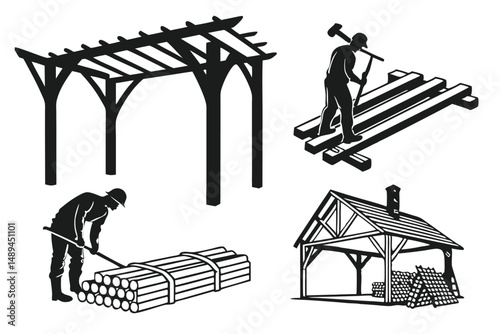Black and White Illustration of Lumber Workers and Structures, Including a Pergola and Wood Storage.
