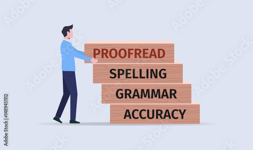 Proofread Spelling Grammar Accuracy written on the wooden rectangular, correct usage of sentences structure either in writing or dialogue.