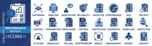Performance review icon set. Containing management, gathering, expectation, reliability, objective, performance, self, analysis and more. Solid vector icons collection