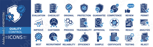 Quality control icon set. Containing evaluation, checklist, original, protection, guarantee, competence, review, permit and more. Solid vector icons collection