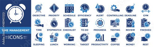 Time management icon set. Containing objective, priority, schedule, reminder, efficiency, alert, deadline, gym and more. Solid vector icons collection