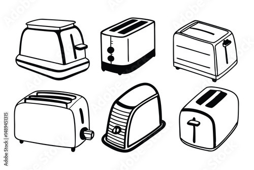 Black and White Toaster Doodle Set: Vector Illustrations of Retro and Modern Kitchen Appliances for Bread Toasting.