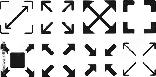 Collection of expand and arrow icons, black vector symbols for resizing, full screen, and navigation designs
