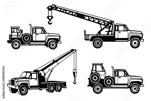 Vector Silhouette Set of Different Crane Trucks in Black and White for Construction and Industry.
