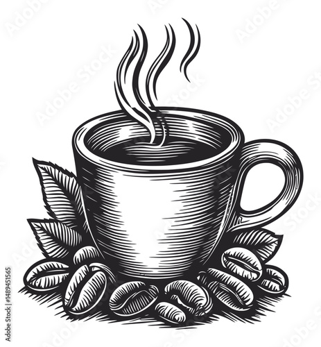 Black and White Hand-Drawn Engraving of Coffee Cup with Beans