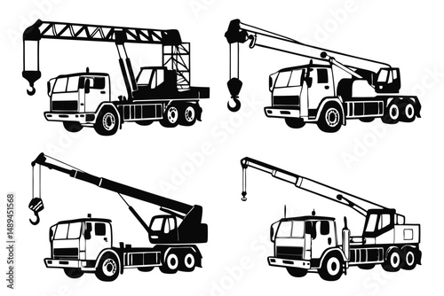 Crane Trucks Vector Illustration: Construction Equipment and Heavy Machinery Icons in Black and White Silhouette