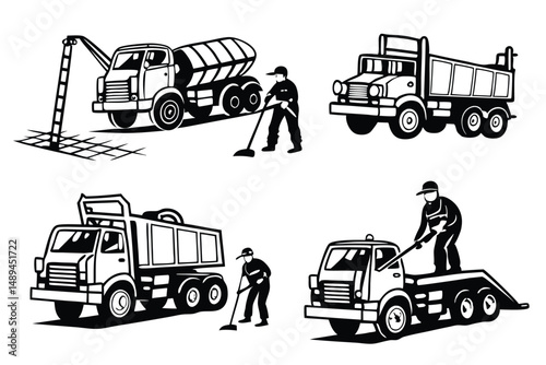 Black and white construction vehicle set, industrial transport with cleaning and maintenance crew silhouettes for graphic design.