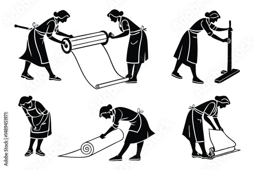 Vintage Silhouette Set of Woman Working with Paper Rolls, Printing Process in Black and White