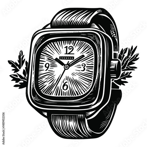 Intricate Handcrafted Engraving of a Vintage Wristwatch Design