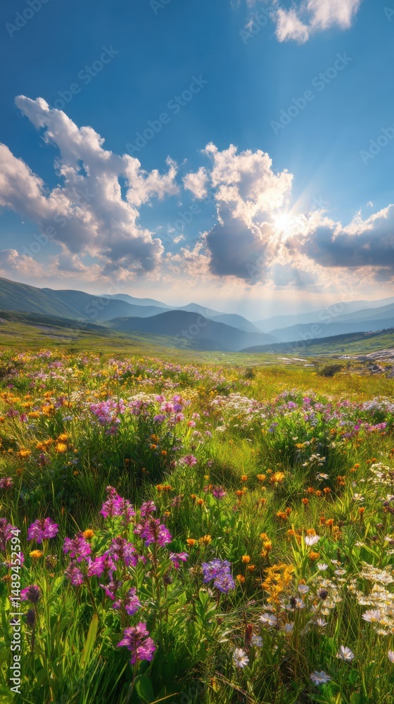 Fototapeta premium Meadow blooms with sunlight across the mountain valley landscape