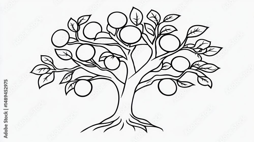 Obraz premium Family tree illustration, blank circles for names, white background, genealogical chart