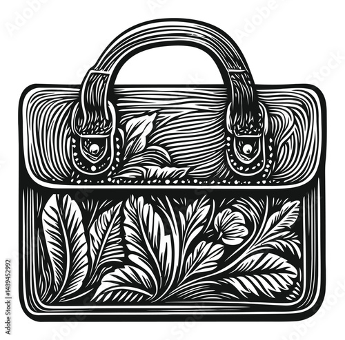 Detailed Engraving of a Decorative Handbag with Leaf Patterns