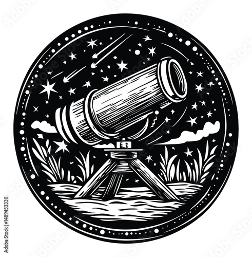 Vintage Engraving of a Telescope with Stars and Sky Background