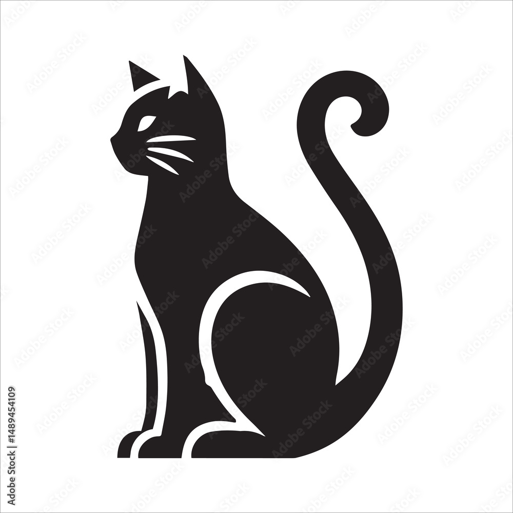 Fototapeta premium Sitting Cat Silhouette with Curled Tail