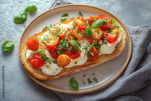 Fresh open-faced sandwich with creamy mozzarella, cherry tomatoes, and basil on toasted bread served on a plate with herbs scattered around, evoking fresh and healthy vibes