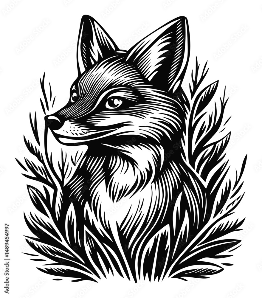 Obraz premium Detailed Engraving of a Fox Surrounded by Elegant Foliage