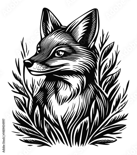 Detailed Engraving of a Fox Surrounded by Elegant Foliage
