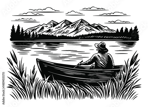 Fisherman in a Canoe by the Lake Engraving in Black and White Style