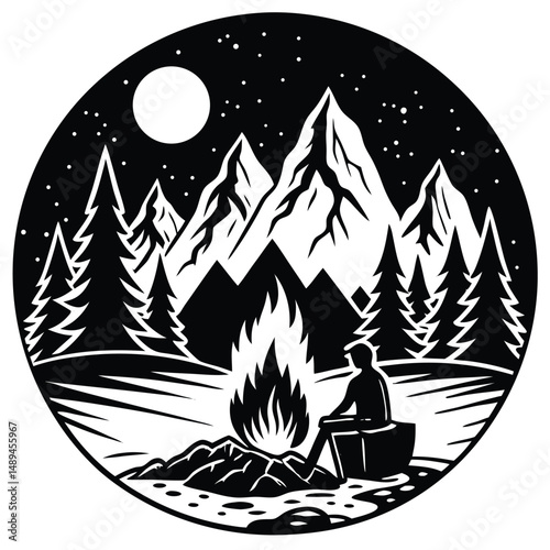 Relaxing Campfire Scene with Hiker Resting Near Flames
